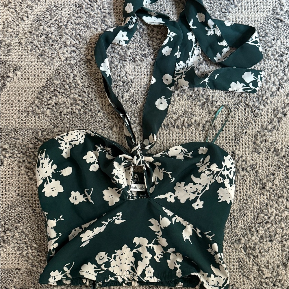 Abercrombie & Fitch Floral Crop Top - Dark Green and White